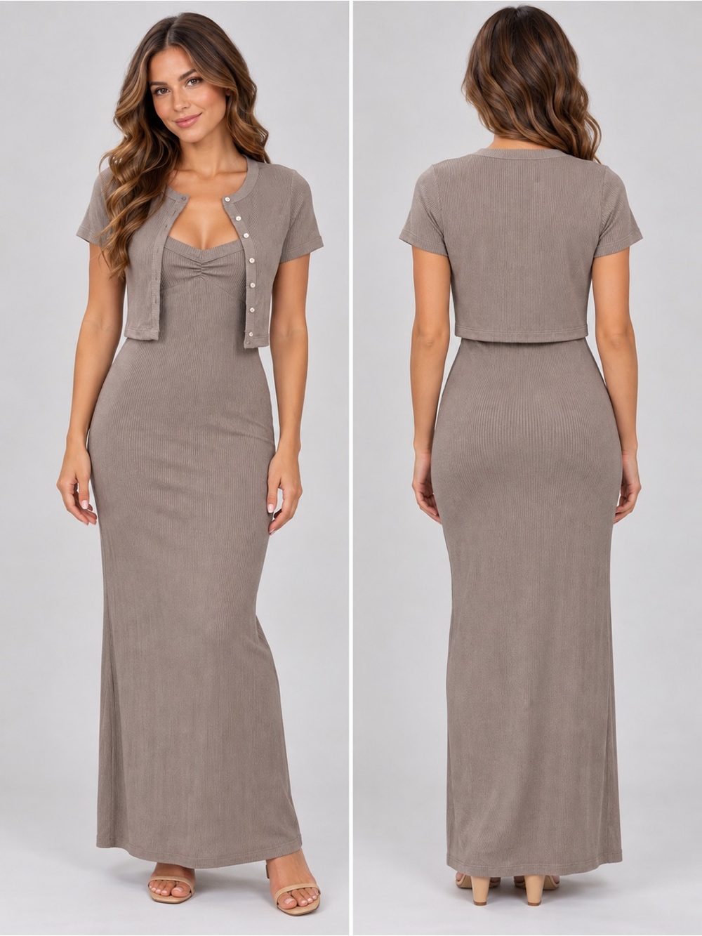 Target 🎯 Women's Taupe Ribbed Maxi Dress with Cropped Cardigan